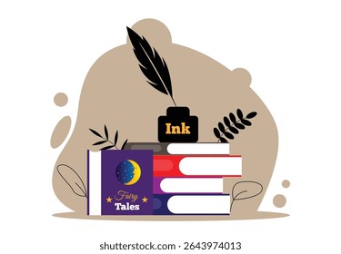Props for Writing a Book Ink and Quill on Stack of Books. Art and library knowledge vector art