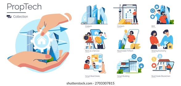 Ilustração vetorial da coleção da PropTech destacando avanços na tecnologia imobiliária inteligente, integração fintech e projetos de construção inteligentes. Os conceitos incluem BIM, economia compartilhada e