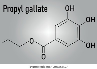 Propyl gallate or propyl 3,4,5-trihydroxybenzoate antioxidant food additive molecule. Skeletal formula.