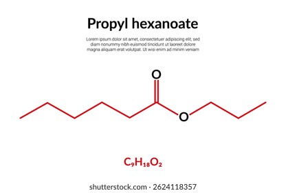 Hexanoato de propilo, ou caproato, fórmula de estrutura molecular, adequado para o conteúdo da ciência da educação ou química. Ilustração vetorial