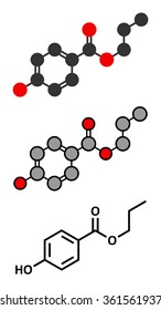 Propyl paraben preservative molecule. Used in food and cosmetics. Stylized 2D renderings and conventional skeletal formula. 