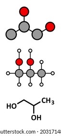 Propylene glycol (1,2-propanediol) molecule. Used as solvent in pharmaceutical drugs, as food additive, in de-icing solutions, etc. Stylized 2D renderings and conventional skeletal formula.