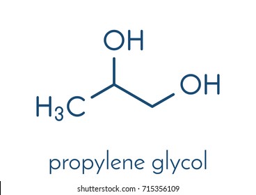 Propylene glycol (1,2-propanediol) molecule. Used as solvent in pharmaceutical drugs, as food additive, in de-icing solutions, etc Skeletal formula.