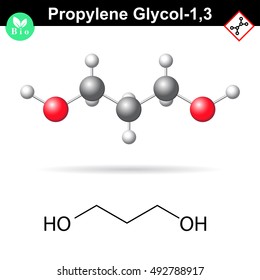 Propylene glycol 1,3 organic chemical, 2d and 3d vector illustration on molecular structure, isolated on white background, eps 8