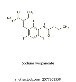 Propyliodone flat skeletal molecular structure Contrast media treatment. Vector illustration scientific diagram.