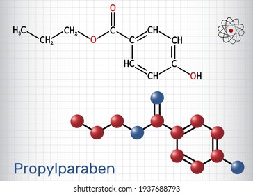 Propylparaben, propyl paraben molecule. It is benzoate ester, paraben, antimicrobial, antifungal preservative, E216. Sheet of paper in a cage. Vector illustration