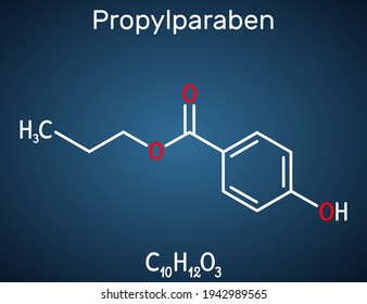 Propylparaben, propyl paraben molecule. It is benzoate ester, paraben, antimicrobial, antifungal preservative, E216. Structural chemical formula on the dark blue background. Vector illustration