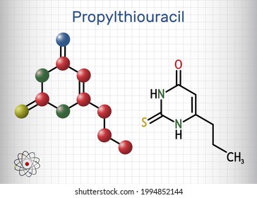 Propylthiouracil, PTU molecule. It is thiourea derivative with antithyroid property, used to treat hyperthyroidism. Sheet of paper in a cage. Vector illustration