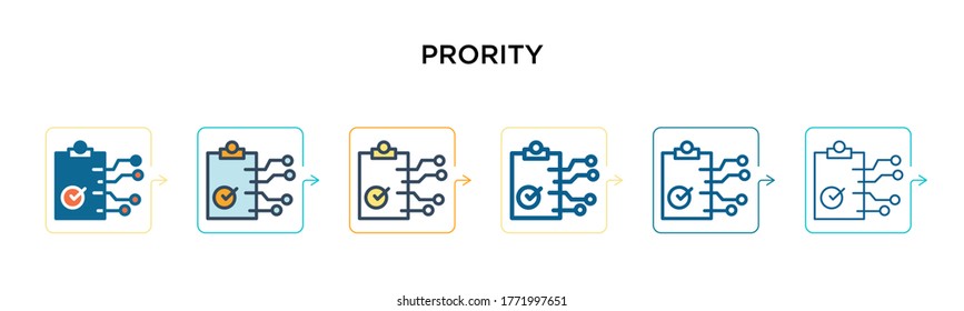 Prority vector icon in 6 different modern styles. Black, two colored prority icons designed in filled, outline, line and stroke style. Vector illustration can be used for web, mobile, ui