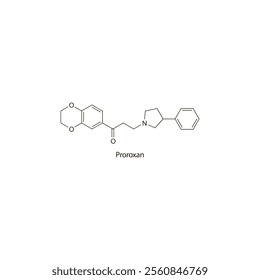 Proroxan flat skeletal molecular structure Alpha blocker drug used in motion sickness, Meniere disease treatment. Vector illustration scientific diagram.