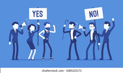 Pros and cons. Active people at gathering to decide advantages, disadvantages, ideas for and against, positive and negative arguments, holding yes, no signs. Vector illustration, faceless characters