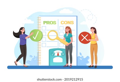 Pros and cons advantage comparison, decision making process, benefits evaluation in brainstorm research. Flat abstract metaphor cartoon vector illustration concept design isolated on white background