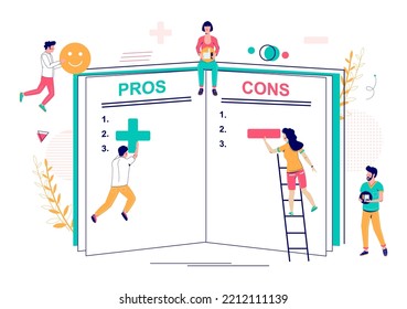 Pros and cons, advantage and disadvantage consideration vector illustration. Bad and good idea, plus and minus, negative or positive opinion. Tiny people solving problem over huge notebook design