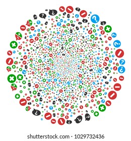 Pros And Cons Arguments explosion sphere. Object pattern combined from random pros and cons arguments pictograms as fireworks spheric cluster. Vector illustration style is flat iconic symbols.