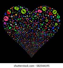 Pros And Cons Arguments fireworks with heart shape. Vector illustration style is flat bright multicolored iconic symbols on a black background. Object valentine heart organized from random symbols.