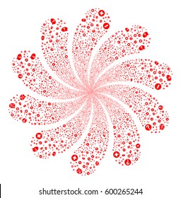 Pros And Cons Arguments fireworks swirl flower with ten petals. Vector illustration style is flat red scattered symbols. Object whirlpool organized from random icons.