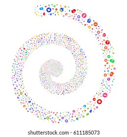 Pros And Cons Arguments hypnotic concentric spiral. Vector bright multicolored scattered symbols.