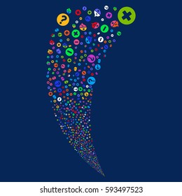 Pros And Cons Arguments random fireworks stream. Vector illustration style is flat bright multicolored iconic symbols on a blue background. Object fountain created from scattered pictographs.