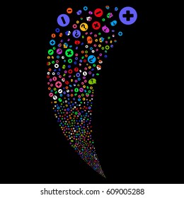 Pros And Cons Arguments random fireworks stream. Vector illustration style is flat bright multicolored iconic symbols on a black background. Object fountain organized from scattered symbols.