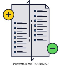 Symbol für die Analyse der Vor- und Nachteile. Einfaches Konzept für Vorteil und Benachteiligung bei der Unternehmensplanung