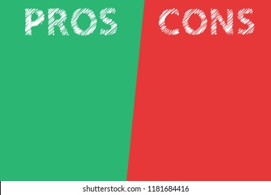 Pros and cons assessment analysis word text transparent on divided green red background. Simple concept for list of advantages disadvantages business plan risk evaluation. Vector illustration.