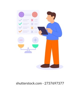 Pros and Cons, balancing advantages and disadvantages objectively, Flat vector character illustration