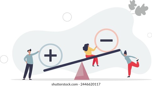 Pros y contras como proceso de análisis de beneficios y amenazas.Buena y mala evaluación del equilibrio de la situación con escalas de elección más y menos simples.Ilustración vectorial plana.