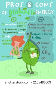 Pros and cons of biomass energy. Vertical poster with funny creative character. Interesting infographic. Portrait print with useful information. Portrait vector illustration in a unique cartoon style