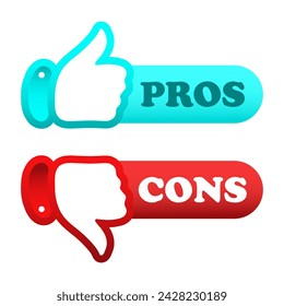 Pros cons blue and red banners with like dislike gestures. Approve, disapprove, correct actions, incorrect, fail, advice, tips, right, advise, avoid mistakes, lifehack, wrong, advertising. Vector