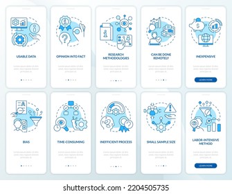 Pros and cons of case study blue onboarding mobile app screen set. Walkthrough 5 steps editable graphic instructions with linear concepts. UI, UX, GUI template. Myriad Pro-Bold, Regular fonts used