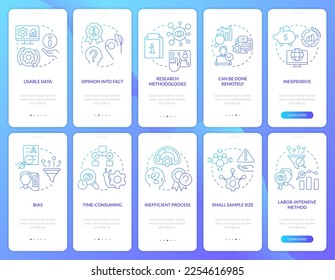 Pros and cons of case study blue gradient onboarding mobile app screen set. Walkthrough 5 steps graphic instructions with linear concepts. UI, UX, GUI template. Myriad Pro-Bold, Regular fonts used