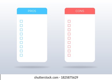 Pros and cons checklist. Isolated positive and negative survey. Evaluation of plus and minus. Pros and cons mockup in blue and red with check mark ticks. Compare pros and cons. Vector EPS 10