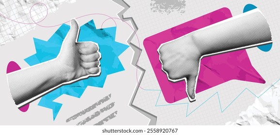 Pros and cons collage. Mixed media thumbs up and thumbs down hand gestures with speech bubbles. Review concept, positive and negative feedback vector illustration.