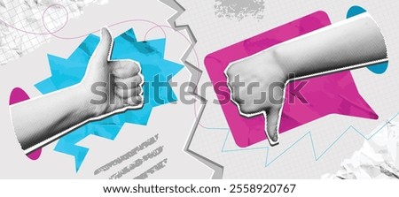 Pros and cons collage. Mixed media thumbs up and thumbs down hand gestures with speech bubbles. Review concept, positive and negative feedback vector illustration.