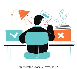 Pros and cons - colorful flat design style illustration with linear elements. Orange and light blue colored picture with man sitting at a table with the pangs of choice. Coming to a decision idea