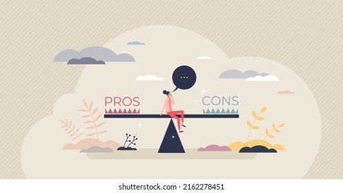 Pros and cons comparison with benefits and risks balance tiny person concept. Thinking bad and good options for final decision vector illustration. Strategy choice as smart analysis and evaluation.