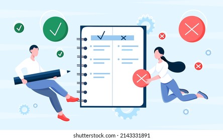 Pros and cons comparison concept. Young male and female entrepreneurs assess risks and benefits. Pros and cons for feedback and development strategy selection. Cartoon flat vector illustration