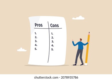 Pros and cons comparison for making business decisions, advantage, positive and negative analysis, information list concept, thoughtful businessman listing business pros and cons to consider benefits.