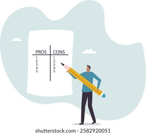 Pros and cons comparison for making business decisions, advantage, positive and negative analysis, information list.business concept.flat character.