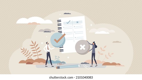 Pros and cons comparison with two choices to compare tiny person concept. Planning risk and benefits strategy with argument analysis vector illustration. Plus or minus feedback survey as quality check