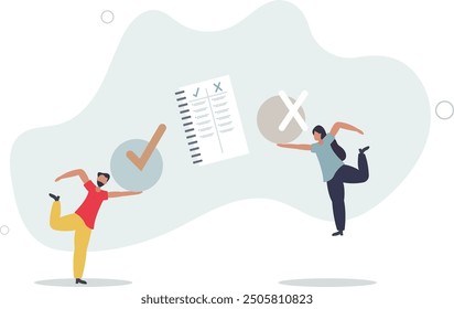 Pros and cons comparison with two choices to compare.Planning risk and benefits strategy with argument analysis .flat design with people.