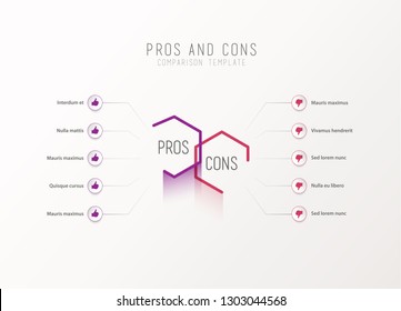 Pros and Cons comparison vector template light vector template with pink and purple hexagons and circles and place for your comparison text.