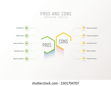 Pros and Cons comparison vector template light vector template with blue and purple hexagons and circles and place for your comparison text.