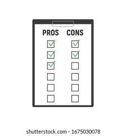 Pros and cons concept of decision making process. Listing positive and negative for a business solution.