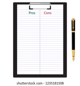 Pros cons concept. Pros Cons list paper on clipboard with pen. Vector illustration