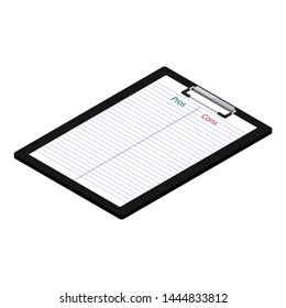 Pros cons concept. Pros Cons list paper on clipboard.