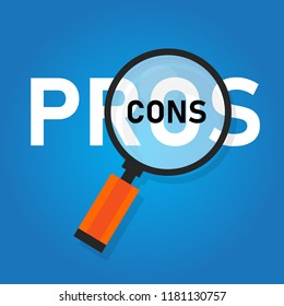 pros cons concept on decision making process. Listing positive and negative for a solution or choice. research question survey. word zoomed with magnifying glass. vector