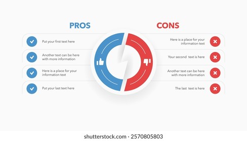 Pros and cons diagram on decision making process. Simple flat template for analyzing positive and negative comparison of something.