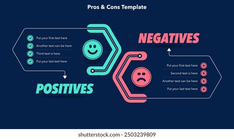 Diagrama de pros y contras con lugar para su contenido - versión oscura. Plantilla plana simple para la comparación positiva y negativa.