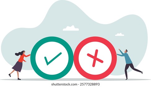 Pros and cons, do and dont or negative vs positive, comparison or advice article, yes or no, good or bad idea.business concept.flat character.